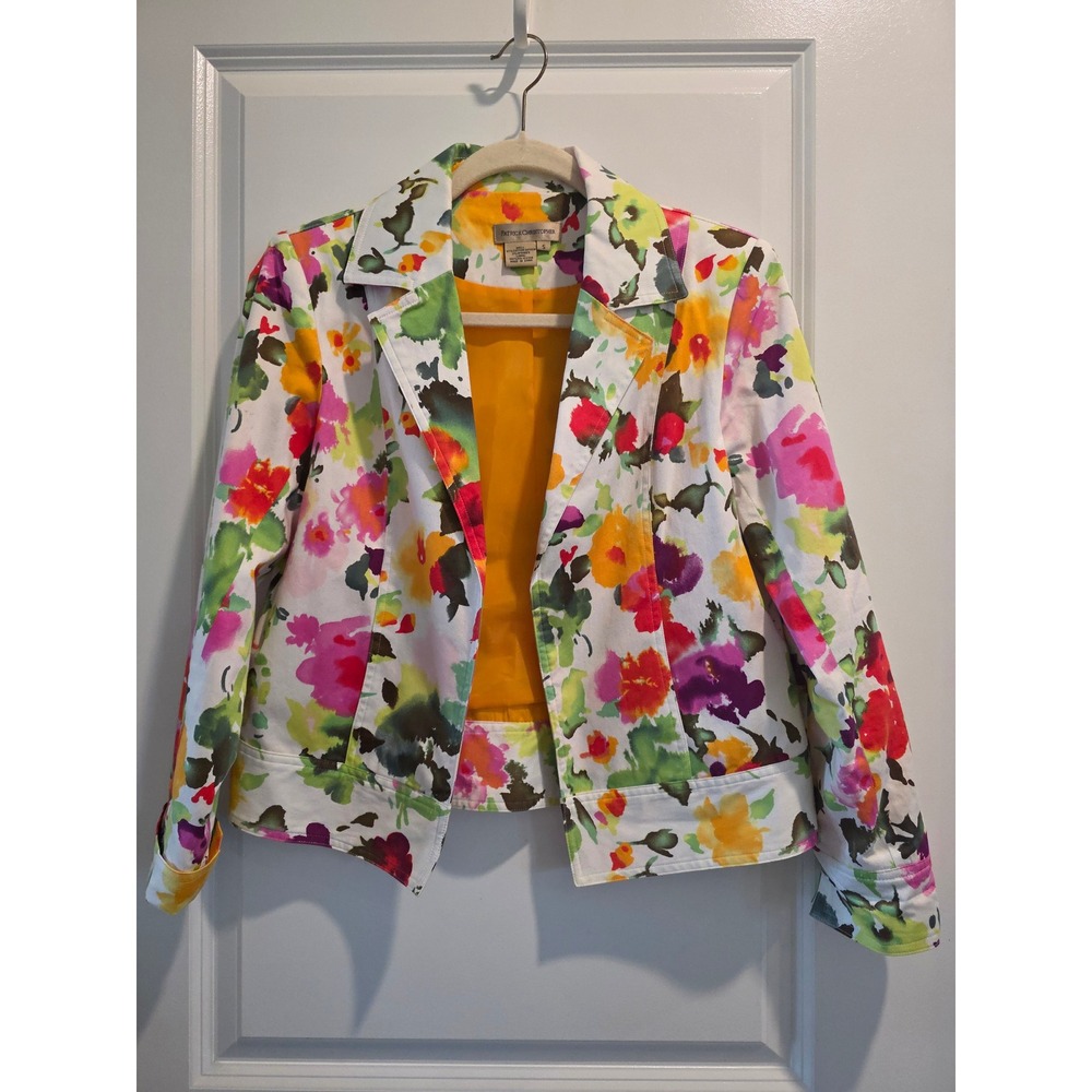 Women's sz S Patrick Christopher Floral Cotton Sateen‎ Blazer White Yellow Pink